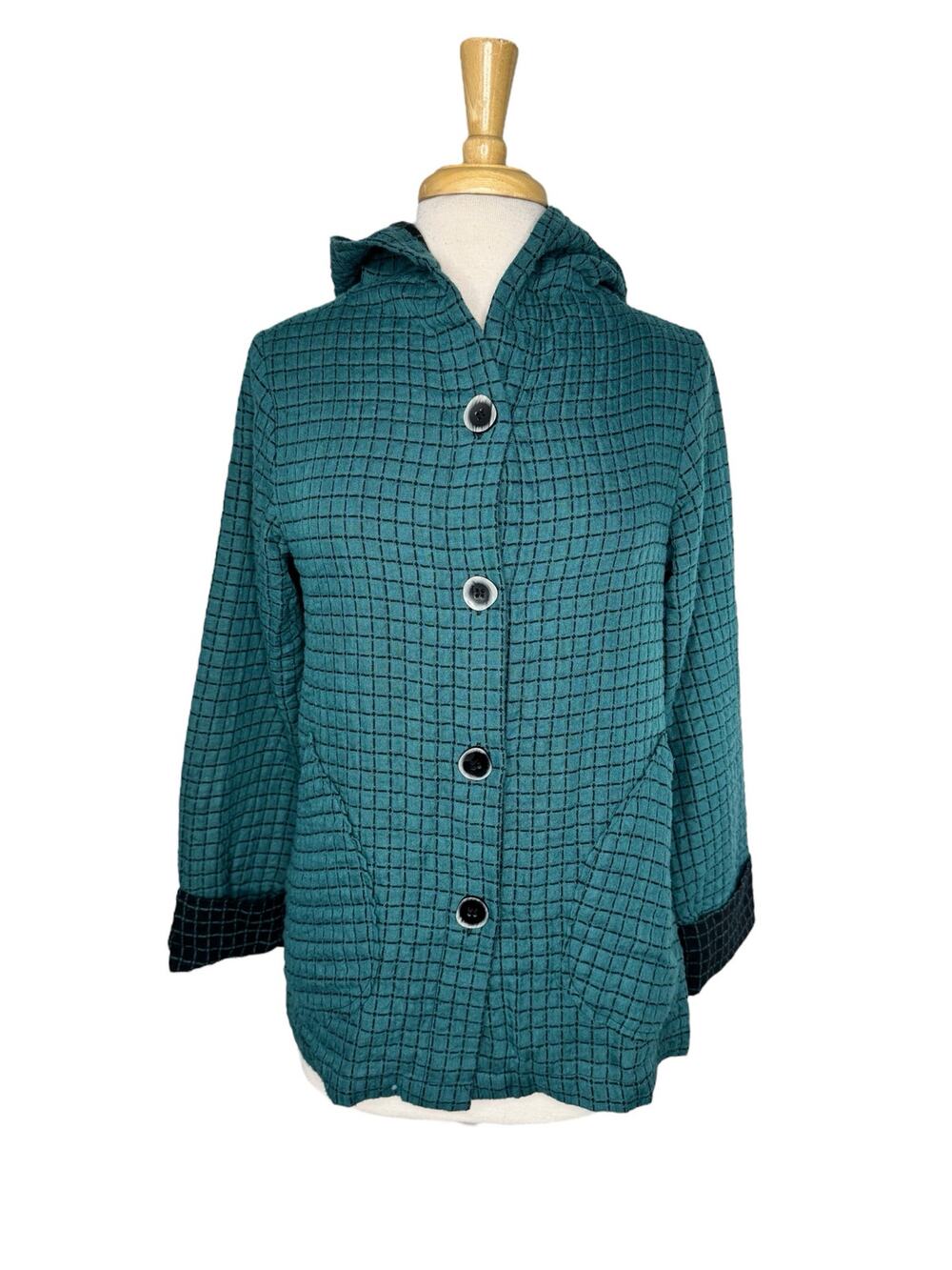 HABITAT Windowpane Quilted Hooded Lightweight Jacket in Teal & Black Size Small